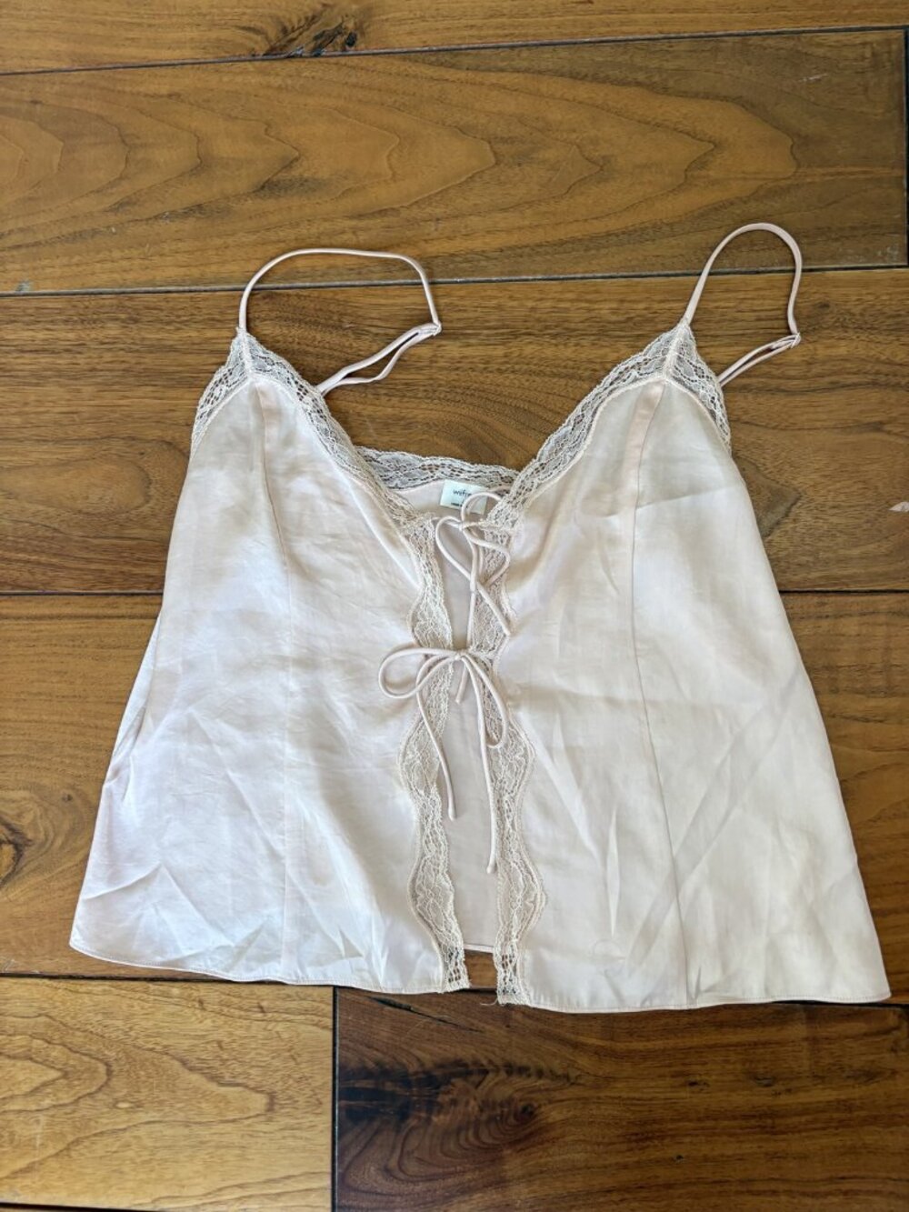 Aritzia Wilfred Blush Pink Satin Lace Front Tie Cami Silky Size Large